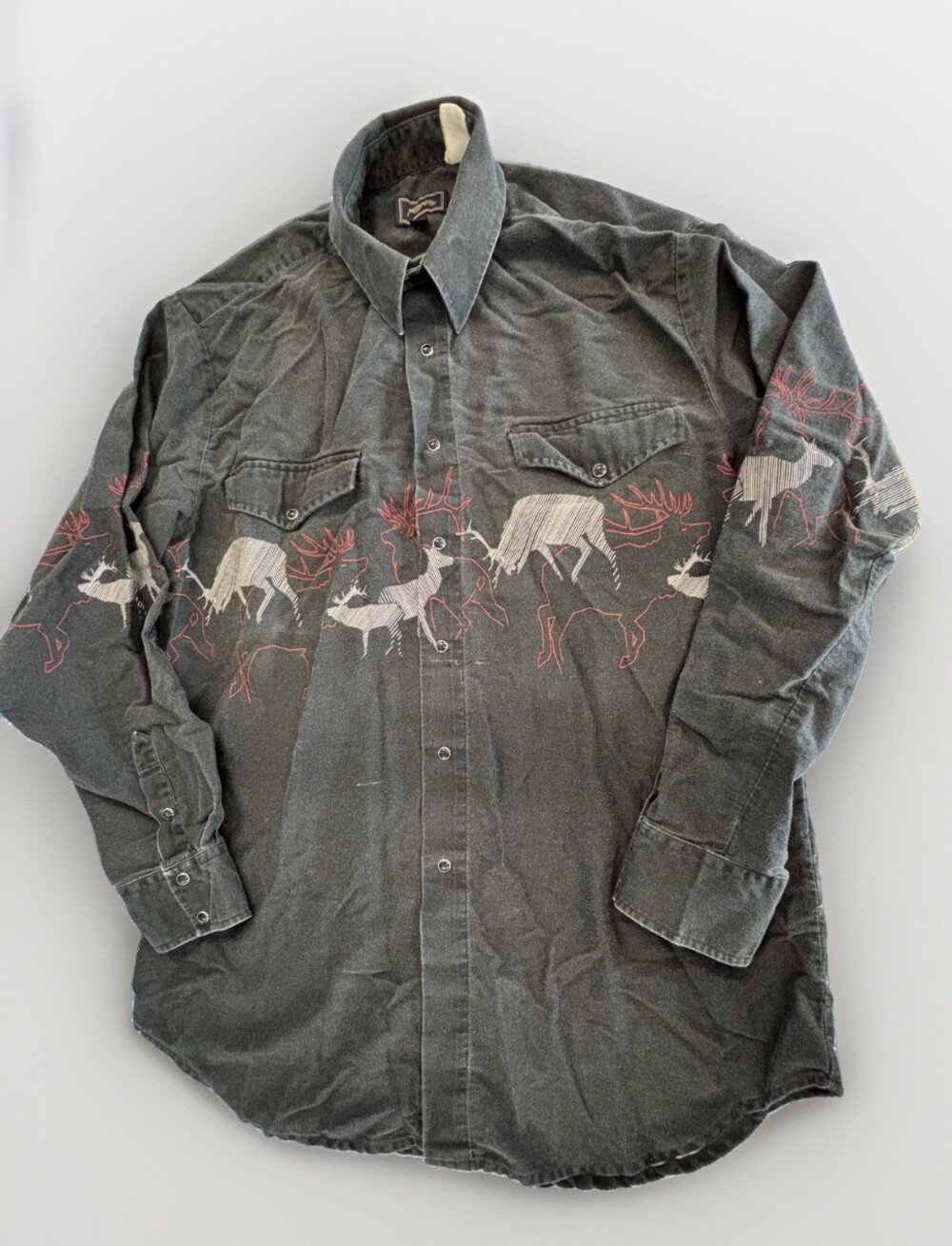 Vintage Roper Deer Pearl Snap Button Shirt Mens L/XL Distressed Winter Christmas